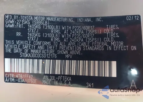 2012 Toyota Sienna Base 7 Passenger z USA, uszkodzony, nr VIN 5TDKA3DC0CS012176